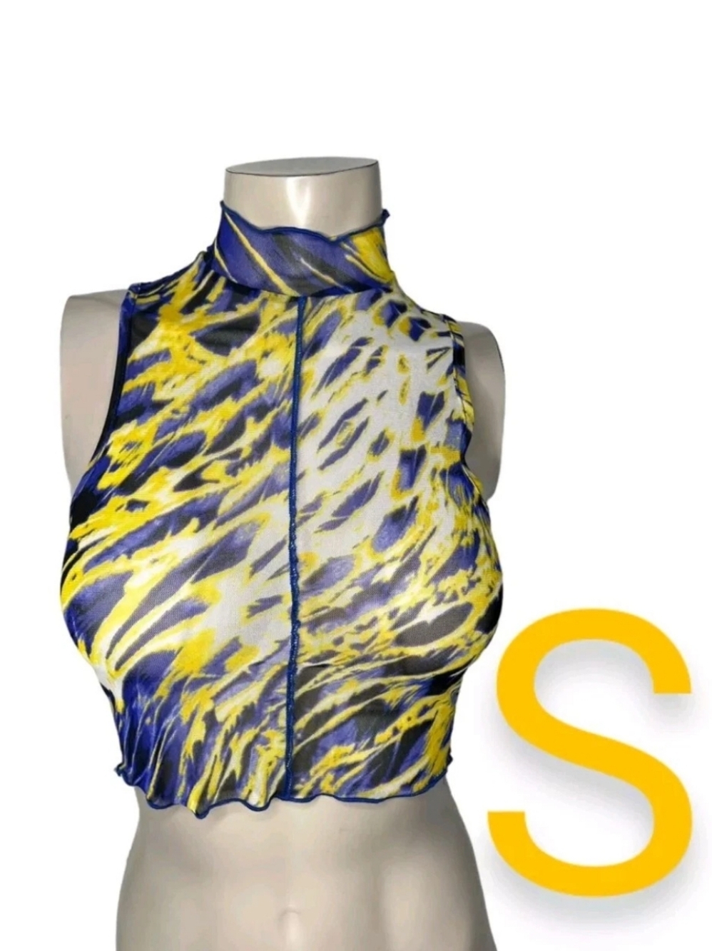 🆕Blue/Yellow Mesh Mock Crop Top~Size S